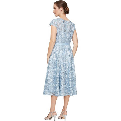  Alex Evenings Tea Length Cap Sleeve Dress with A-Line Skirt and Tie Belt