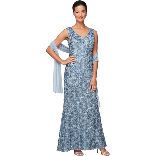  Alex Evenings Long Sleeveless Soutache Dress with V-Neckline and Shawl