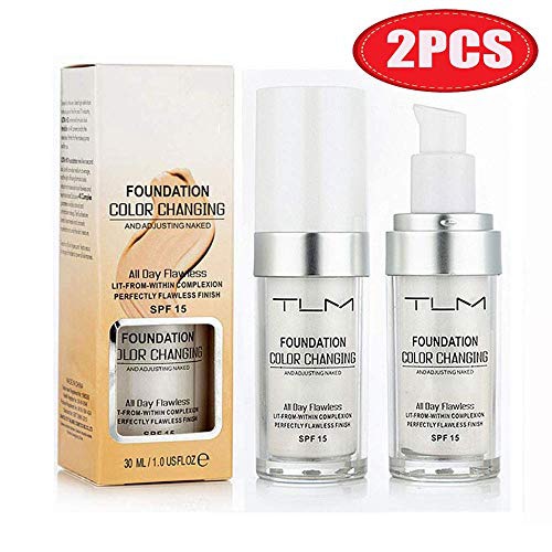  Aliver 2PCS TLM Flawless Colour Changing Warm Skin Tone Foundation, Makeup Base Nude Face Liquid Cover Concealer (2 Pcs Foundation) (2 Pack Foundation)