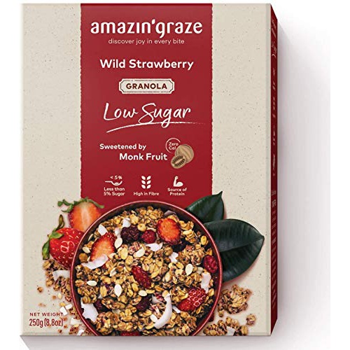  Amazin Graze Low Sugar Wild Strawberry Granola 250g (8.8oz) Healthy Breakfast Cereal Snack Rolled Oats with Cranberries, Chia Seeds, Melon Seeds, Coconut Chips & Monk Fruits 100% N