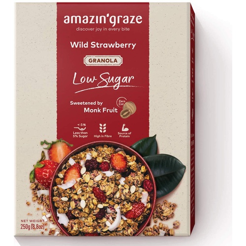  Amazin Graze Low Sugar Wild Strawberry Granola 250g (8.8oz) Healthy Breakfast Cereal Snack Rolled Oats with Cranberries, Chia Seeds, Melon Seeds, Coconut Chips & Monk Fruits 100% N