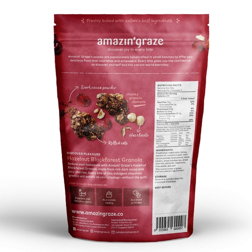  Amazin Graze Hazelnut Blackforest Granola 8.8oz- Healthy Breakfast Cereal  Nutrients Dense Snack with Dark Chocolate, Dried Cranberries & Cherries, Chia Seed, Natural Honey High i