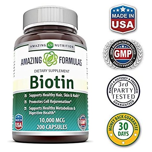  Amazing Nutrition Amazing Formulas Biotin Supplement 10000 mcg (Non-GMO, Gluten Free) - Supports Healthy Hair, Skin & Nails - Promotes Cell Rejuvenation (Veggie Capsules, 200 Count)