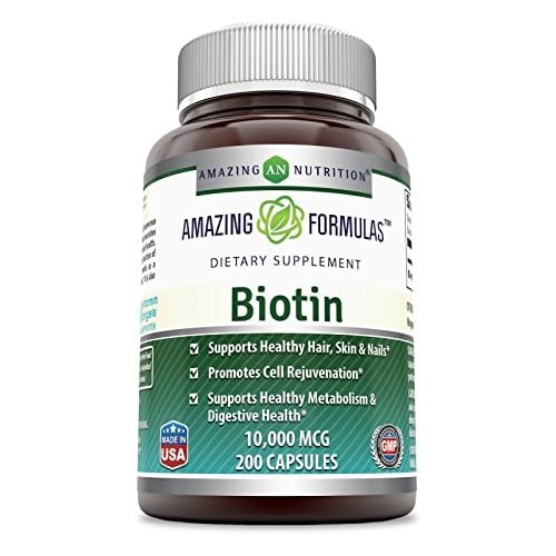  Amazing Nutrition Amazing Formulas Biotin Supplement 10000 mcg (Non-GMO, Gluten Free) - Supports Healthy Hair, Skin & Nails - Promotes Cell Rejuvenation (Veggie Capsules, 200 Count)