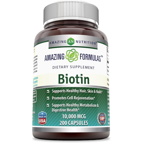  Amazing Nutrition Amazing Formulas Biotin Supplement 10000 mcg (Non-GMO, Gluten Free) - Supports Healthy Hair, Skin & Nails - Promotes Cell Rejuvenation (Veggie Capsules, 200 Count)