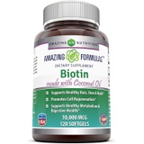 Amazing Nutrition Amazing Formulas Biotin 10,000 mcg with Extra Virgin Organic Coconut Oil, 120 Softgels (Non-GMO,Gluten Free) - Supports Healthy Hair, Skin & Nails - Promotes Cell Rejuvenation