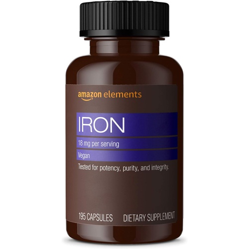 Amazon Elements Iron 18mg, Supports Red Blood Cell Production, Vegan, 195 Capsules, 6 month supply (Packaging may vary)