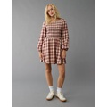 AE Long-Sleeve High Neck Plaid Mini Dress