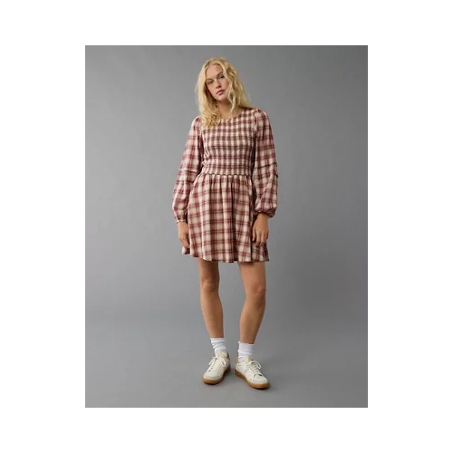 아메리칸이글 AE Long-Sleeve High Neck Plaid Mini Dress