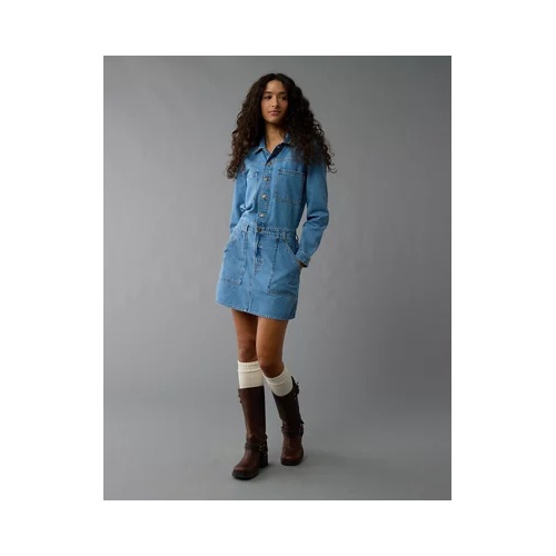 아메리칸이글 AE Long-Sleeve Denim Button-Up Mini Dress