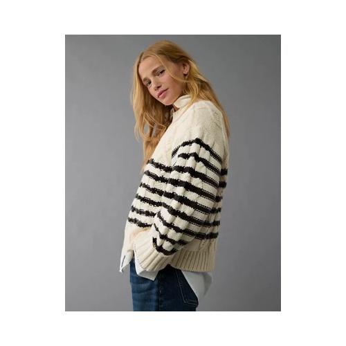 아메리칸이글 AE Striped Cable Knit Crew Neck Sweater