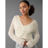 AE Pointelle Twist-Front Cropped Sweater