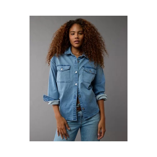 아메리칸이글 AE Dreamy Drape Cozy Long-Sleeve Button-Up Denim Shirt