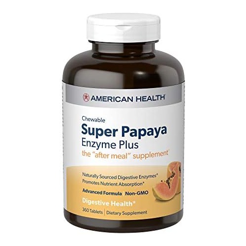  American Health Super Papaya Plus Digestive Enzyme Chewable Tablets, Natural Papaya Flavor - Helps with Digestion & Nutrient Absorption, Contains Papain & Other Enzymes - 360 Count