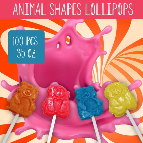  Animania Lollipops Animal Shaped Hard Candy , Individually Wrapped Suckers For Freshness, Lollies for Kids Birthdays, Office, Bank, School, Bulk Pack of 100