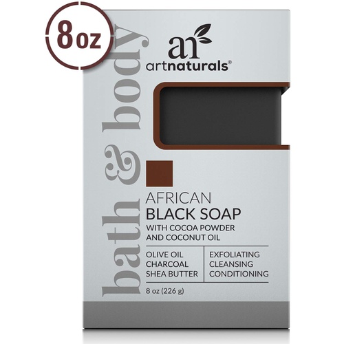  ArtNaturals African Black Soap Bar - (8 Oz / 226g) - Pure and Natural Acne Treatment - Exfoliating, Cleansing and Conditioning Face and Body Wash - Shea Butter, Olive Oil and Charc