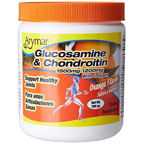  Arymar Glucosamine & Chondroitin Powder 1500mg-1200mg with Collagen Orange Flavor Support Healthy Joints, Orange, Orange, 300 Gram, X-Large