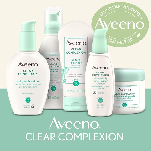  Aveeno Clear Complexion Sheer Daily Face Moisturizer with Broad Spectrum SPF 30 Sunscreen & Total Soy Complex for Breakout-Prone Skin, Non-Greasy, Lightweight & Oil-Free, 2.5 fl. o