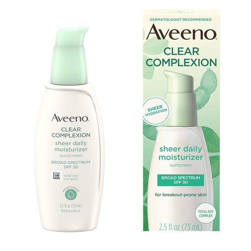  Aveeno Clear Complexion Sheer Daily Face Moisturizer with Broad Spectrum SPF 30 Sunscreen & Total Soy Complex for Breakout-Prone Skin, Non-Greasy, Lightweight & Oil-Free, 2.5 fl. o