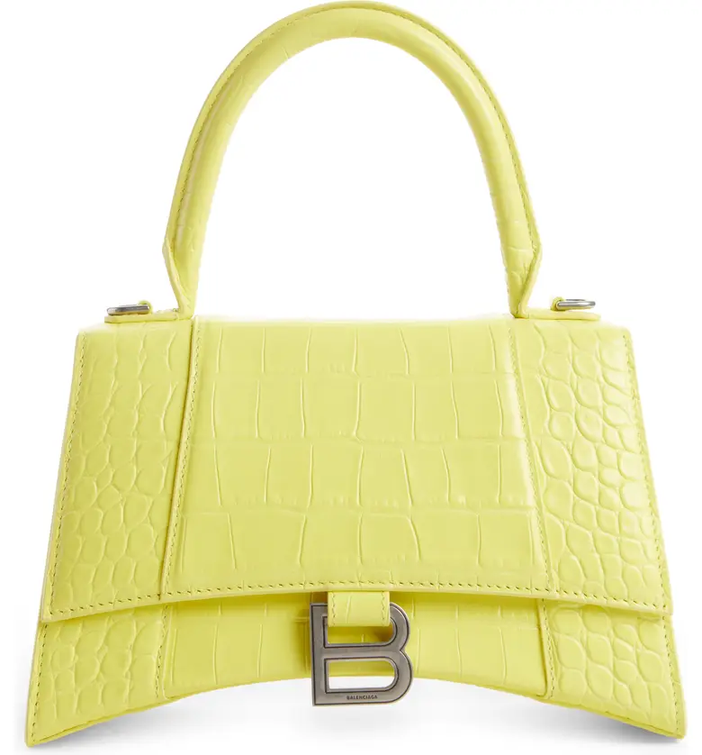 발렌시아가 Balenciaga Small Hourglass Croc Embossed Leather Top Handle Bag_LIGHT YELLOW