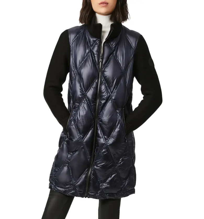 Bernardo Knit Sleeve Diamond Quilt Puffer Coat_NAVY