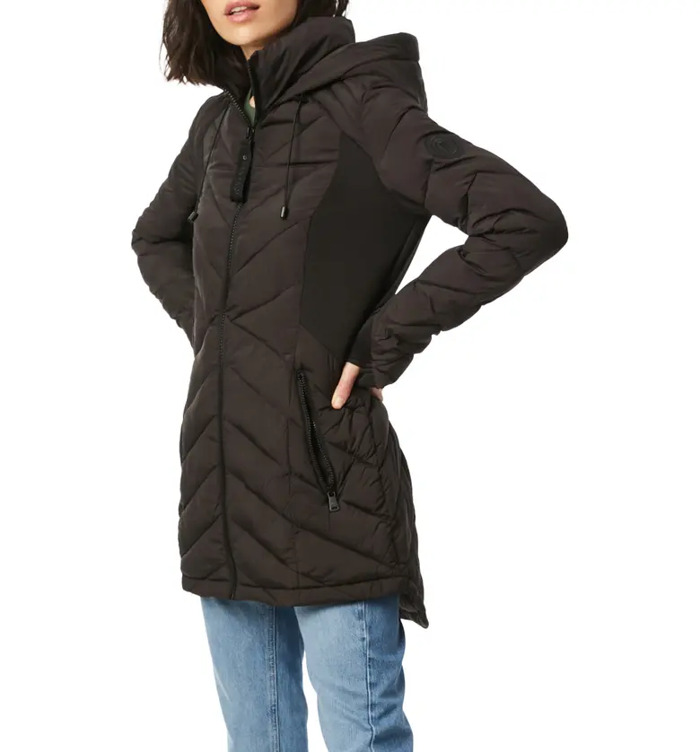 Bernardo Quilted Neoprene Hooded Puffer Coat_BLACK