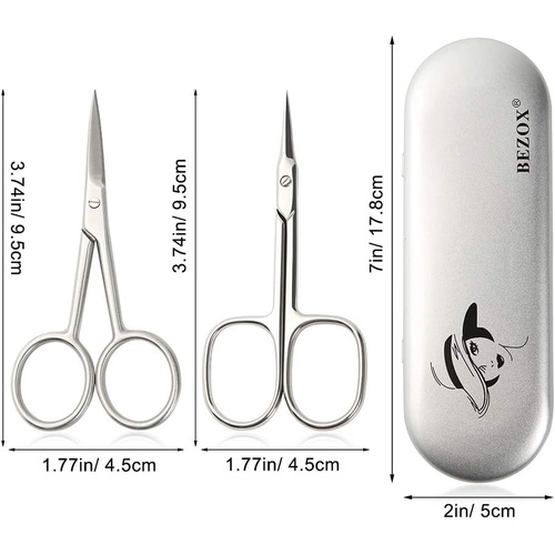  BEZOX Small Scissors 2 PCS Set - Nail Cuticle Scissors/ Manicure Scissors Kit - Straight and Curved Blade Scissor for Beard/ Mustache, Nose Hair, Ear Hair, Eyebrow and Eyelashes Cu