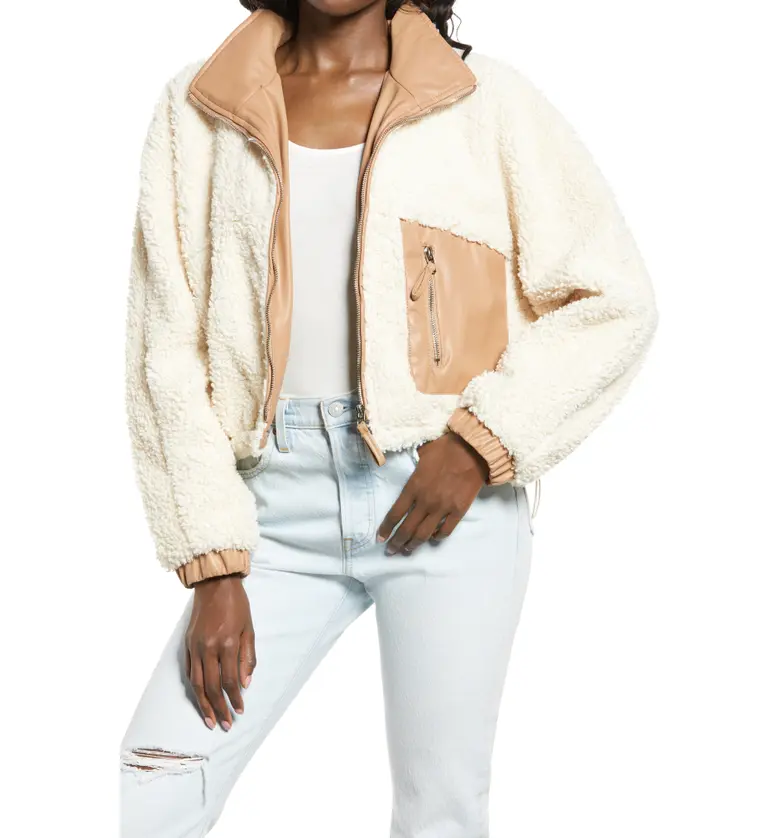 BLANKNYC Faux Shearling with Faux Leather Trim Bomber Jacket_SILVER LINING