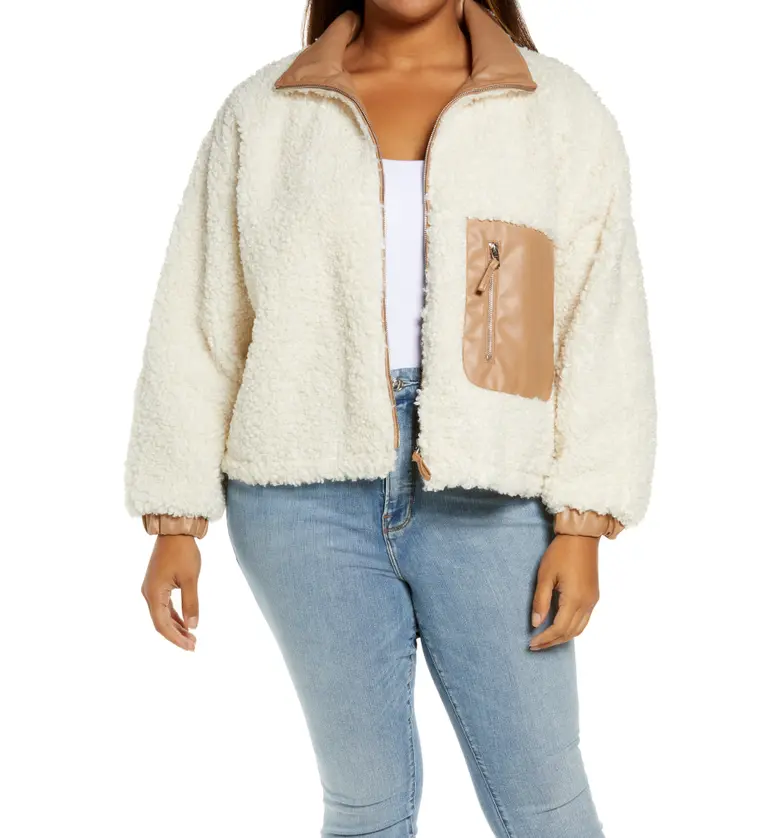 BLANKNYC Faux Shearling with Faux Leather Trim Bomber Jacket_SILVER LINING CREAM