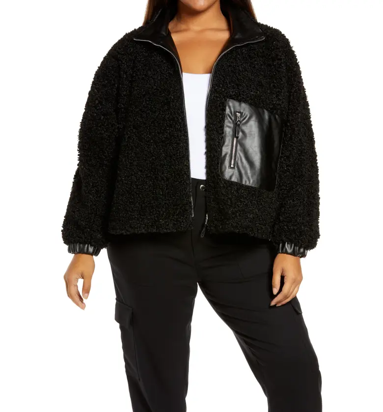 BLANKNYC Faux Shearling with Faux Leather Trim Bomber Jacket_LAST NIGHT BLACK