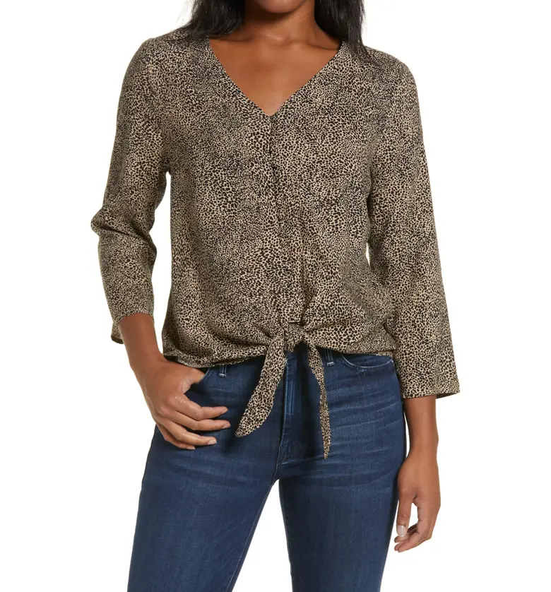 Bobeau Lucille Tie Front Top_TAUPE/ BLACK