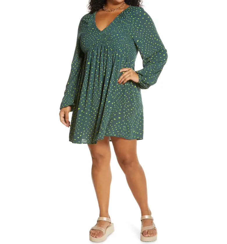 BP. V-Neck Long Sleeve Babydoll Minidress_GREEN MOSS WARPY DOT