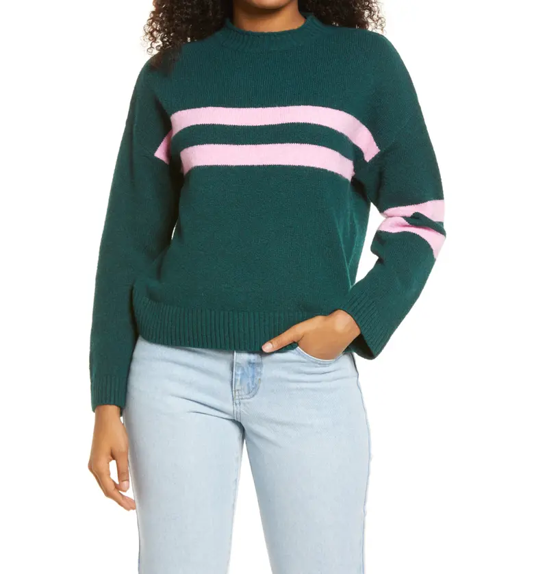 BP. Graphic Recycled Blend Sweater_GREEN- PINK VARSITY STRIPE
