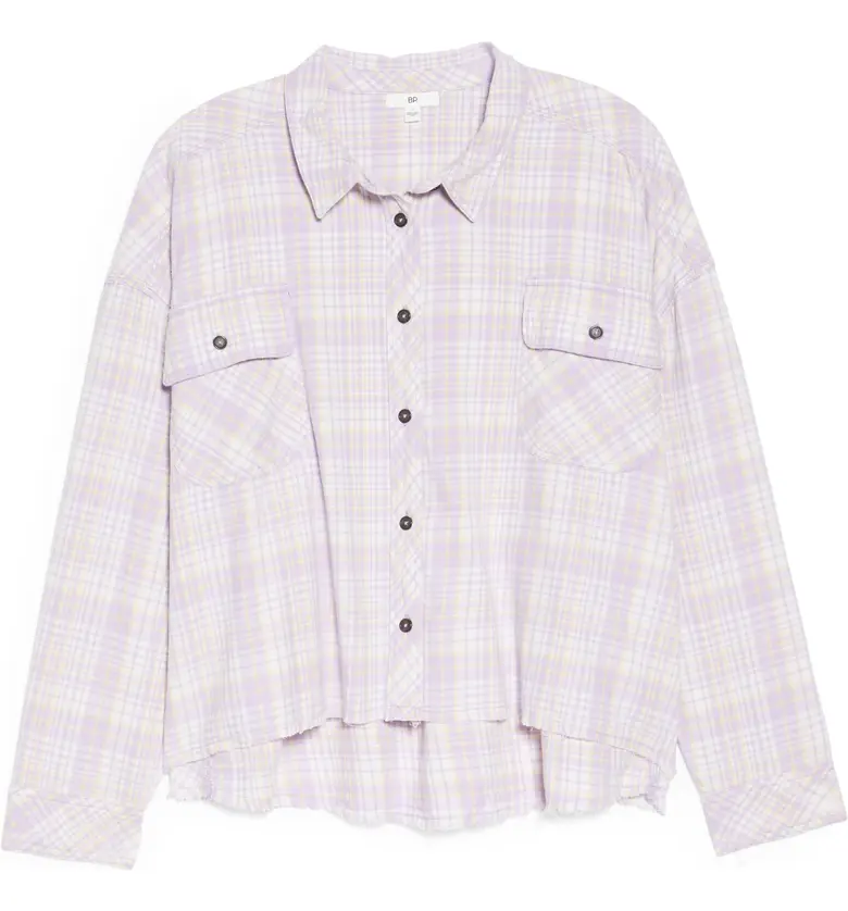  BP. Fray Hem Crop Plaid Shirt_PURPLE- YELLOW COLIE PLAID