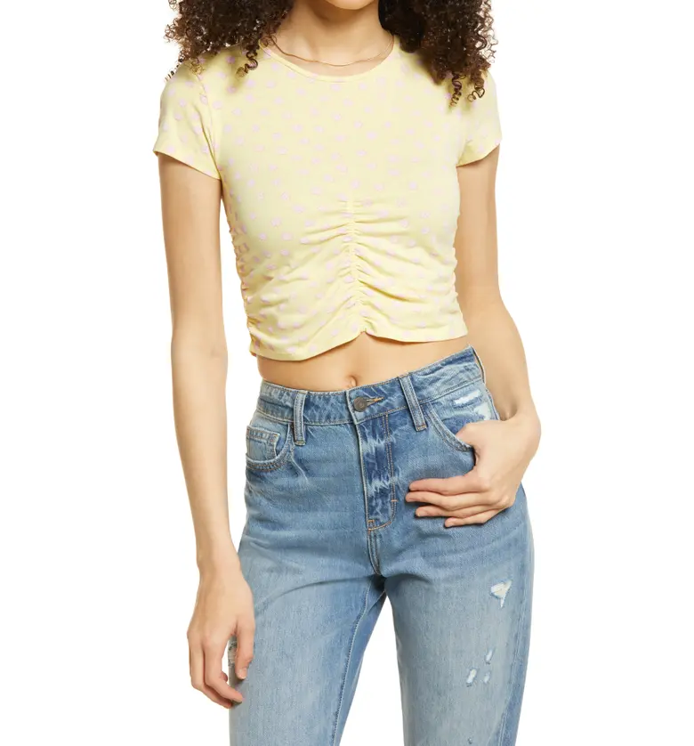 BP. Ruched Organic Cotton Crop T-Shirt_YELLOW FLORAL BUD