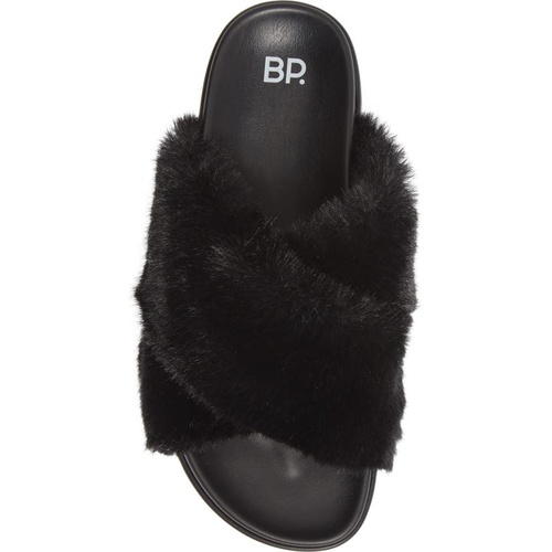  BP. Zoe Cross Band Faux Fur Slide Sandal_BLACK