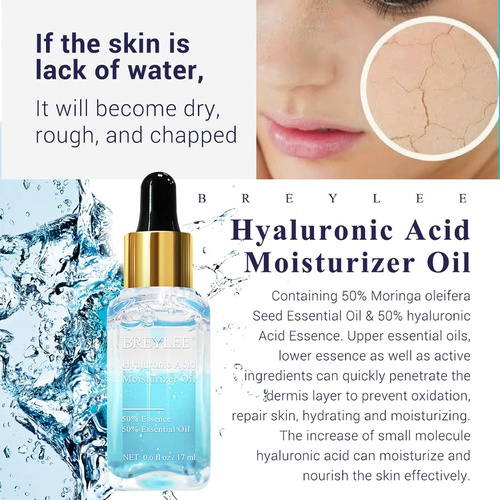  Hyaluronic Acid Moisturizer Oil, BREYLEE Moisturizing Face Oil Hydrating Face Serum Organic Facial Serum With Vitamin E and Vitamin B5 for Skin Care and Hair Care (17ml, 0.6fl Oz)