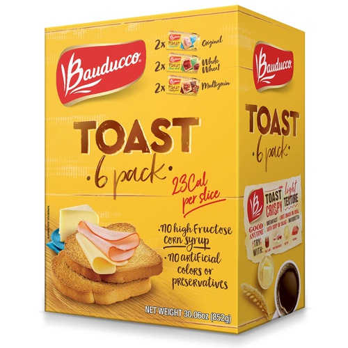  Bauducco Toast, Original, Whole Wheat & Multigrain, Delicious, Light & Crispy Toasted Bread, Breakfast Toast, Great with Peanut Butter & Jelly, No Artificial Flavors, 30.06oz (Pack