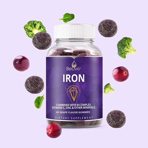  BeLive Iron Gummies with Vitamin C, A, B Complex, & Folate - Multivitamins for Adults & Children - Delicious with No After Taste, Vegan - Grape Flavor (60 Ct)