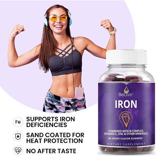  BeLive Iron Gummies with Vitamin C, A, B Complex, & Folate - Multivitamins for Adults & Children - Delicious with No After Taste, Vegan - Grape Flavor (60 Ct)