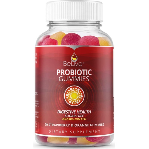  BeLive Probiotic Gummies - Probiotics with 5 Billion CFUs for Digestive Health, Men, Women & Kids - for Immune Support, Sugar Free & Vegan 60 Ct  Blueberry, Strawberry & Orange