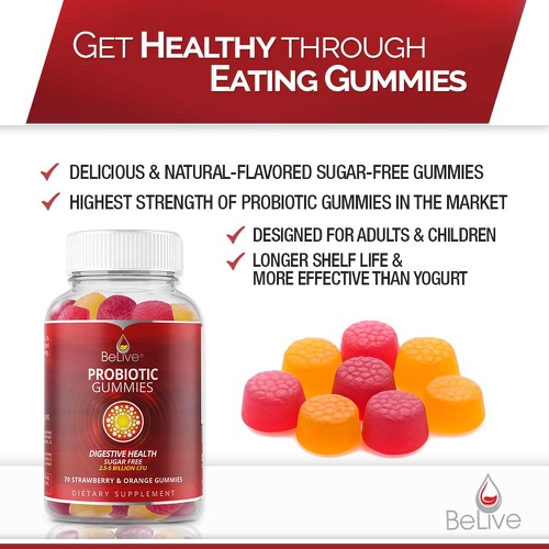  BeLive Probiotic Gummies - Probiotics with 5 Billion CFUs for Digestive Health, Men, Women & Kids - for Immune Support, Sugar Free & Vegan 60 Ct  Blueberry, Strawberry & Orange