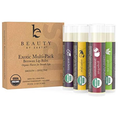  Beauty by Earth Organic Lip Balm Flavor Pack - 4 Tubes of Natural Lip Balm, Lip Moisturizer, Lip Treatment for Dry Lips, Lip Care Gifts for Women or Men, Lip Repair, Organic Chapstick for Soft Lip