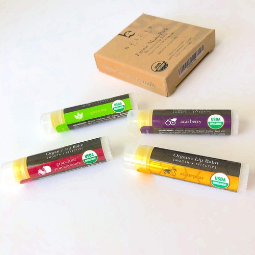  Beauty by Earth Organic Lip Balm Flavor Pack - 4 Tubes of Natural Lip Balm, Lip Moisturizer, Lip Treatment for Dry Lips, Lip Care Gifts for Women or Men, Lip Repair, Organic Chapstick for Soft Lip