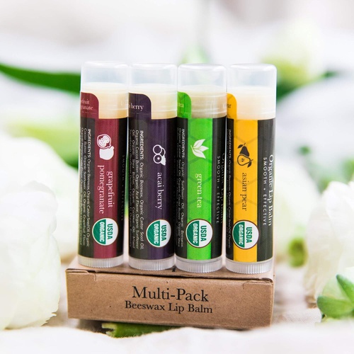  Beauty by Earth Organic Lip Balm Flavor Pack - 4 Tubes of Natural Lip Balm, Lip Moisturizer, Lip Treatment for Dry Lips, Lip Care Gifts for Women or Men, Lip Repair, Organic Chapstick for Soft Lip