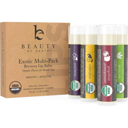  Beauty by Earth Organic Lip Balm Flavor Pack - 4 Tubes of Natural Lip Balm, Lip Moisturizer, Lip Treatment for Dry Lips, Lip Care Gifts for Women or Men, Lip Repair, Organic Chapstick for Soft Lip