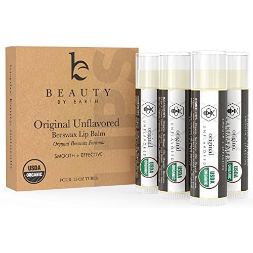  Beauty by Earth Organic Lip Balm Original Unflavored - 4 Tubes of Natural Lip Balm, Lip Moisturizer, Lip Treatment for Dry Lips, Lip Care Gifts for Women or Men, Lip Repair, Organic Chapstick, Sto