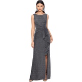 Betsy & Adam Long Metallic Knit Ruffle Front Gown