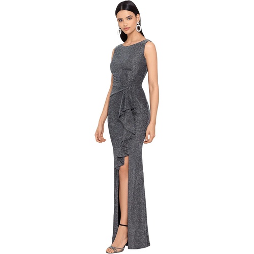  Betsy & Adam Long Metallic Knit Ruffle Front Gown