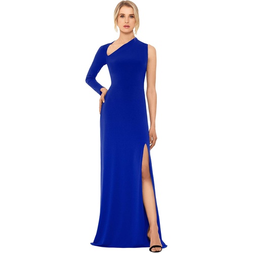  Betsy & Adam Long Jersey Asymmetrical Sleeve Gown